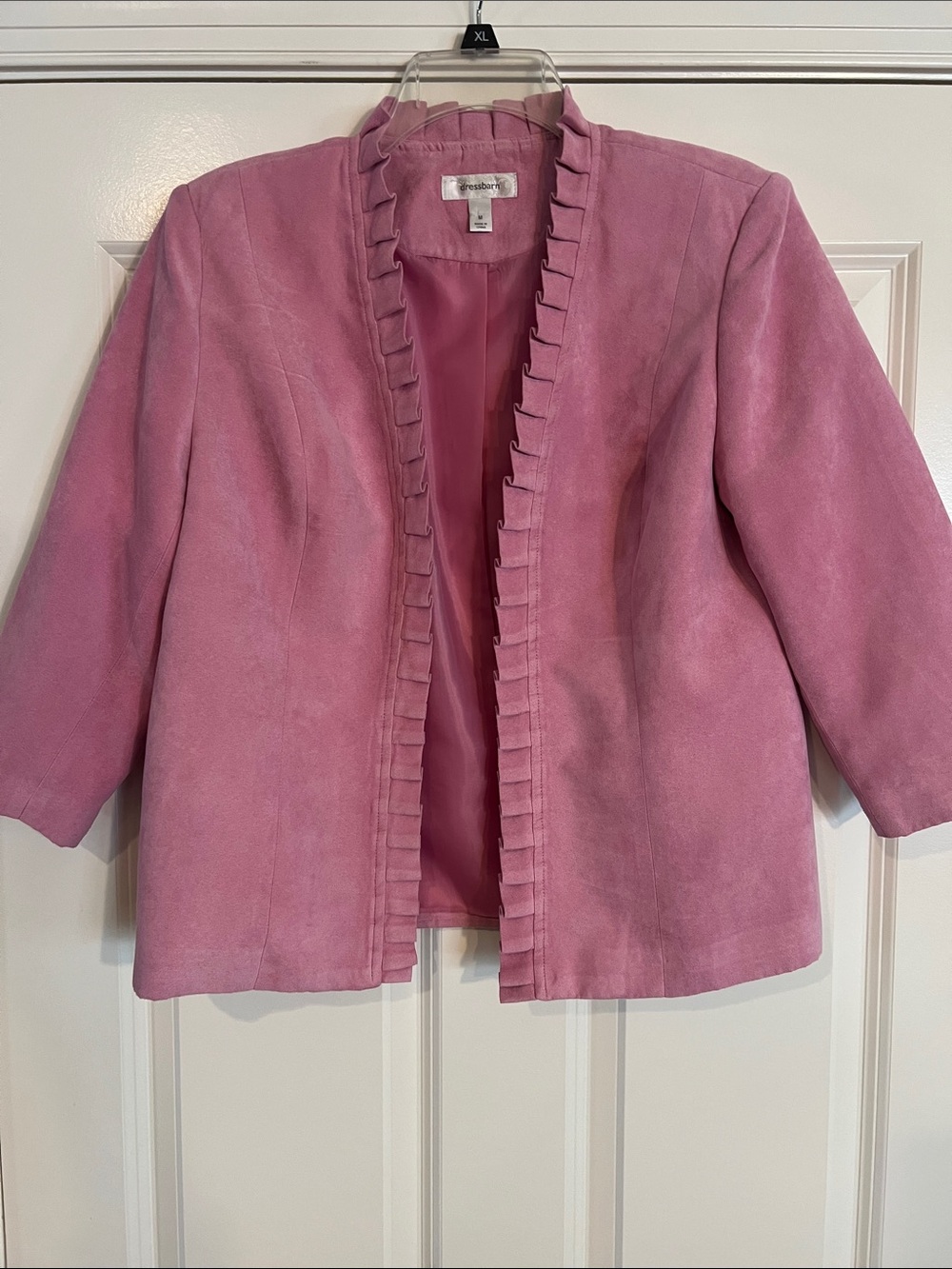 Dress Barn Rose-Pink Ruffle-Trim Faux Suede Open Jacket